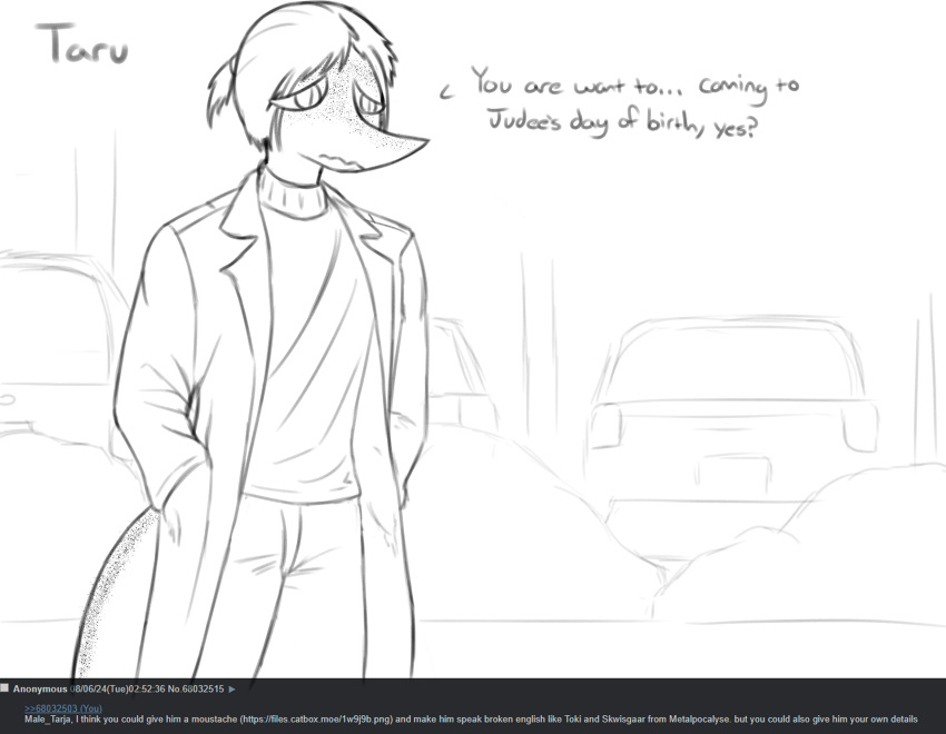 2024 4chan anthro car cavemanon_studios clothing coat dialogue dinosaur english_text freckled_tail freckles ftm_crossgender hair hand_in_pocket hi_res long_tail male monochrome outside pockets prehistoric_species ratherdevious_(artist) reptile rule_63 scalie short_hair snoot_game snout solo tail tarja_(snoot_game) text theropod topwear troodon troodontid vehicle