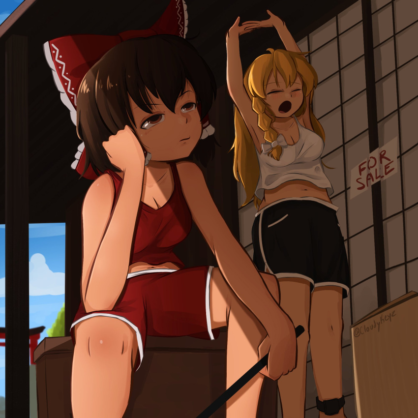 2girls alternate_costume ankle_monitor armpits black_shorts blonde_hair blue_sky bow box braid breasts brown_hair camisole cardboard_box cleavage closed_eyes closed_mouth cloudykeyz commentary day english_commentary frilled_bow frilled_hair_tubes frills gohei hair_tubes hairbow hakurei_reimu highres holding holding_gohei jewelry kirisame_marisa long_hair midriff_peek multiple_girls navel no_headwear red_bow red_camisole red_eyes red_shirt red_shorts shirt shorts side_braid single_braid sitting sky stretching torii touhou twitter_username white_bow white_camisole yawning