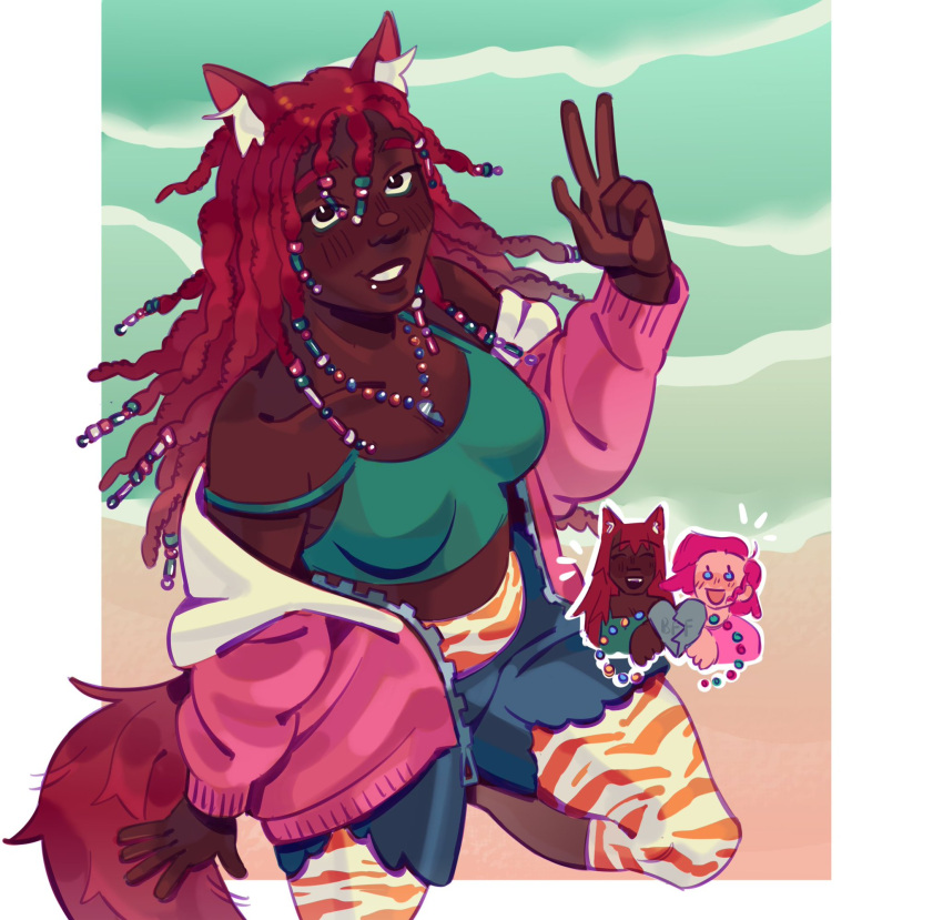 cute dark-skinned_female dark_skin dreads party_girl_(terraria) red_hair sweater terraria wolf_ears wolf_girl zoologist_(terraria)