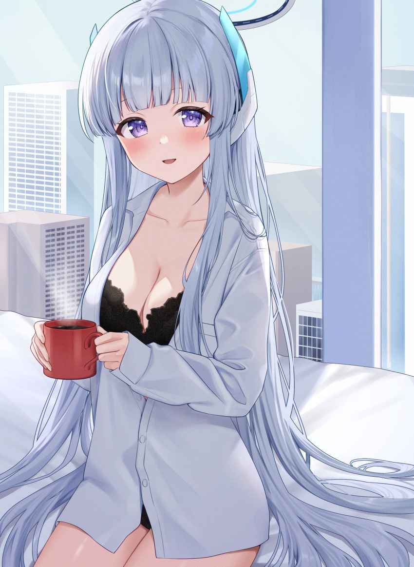 absurdres bed black_bra black_panties blue_archive blue_halo blunt_bangs blush bra breasts city cleavage coffee coffee_mug collarbone cup female grey_hair hair_ornament halo highres holding holding_cup indoors large_breasts long_hair looking_at_viewer mechanical_halo mochiko_(uyu_omochi) mug no_pants noa_(blue_archive) open_clothes open_mouth panties purple_eyes sitting sitting_on_object smile solo thighs underwear very_long_hair white_halo window