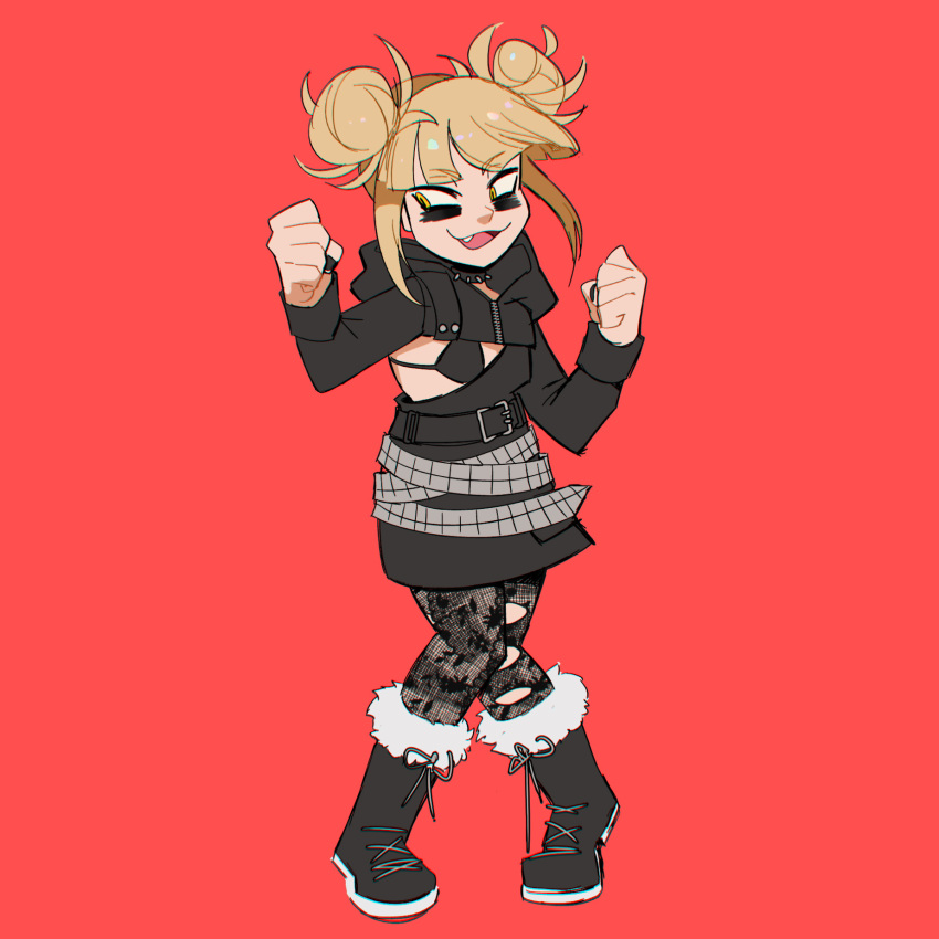 bags_under_eyes belt black_bra black_hoodie black_skirt blonde_hair boku_no_hero_academia boots bra clenched_hand commentary cosplay double_bun english_commentary female full_body fur-trimmed_boots fur_trim goth_fashion hair_bun highres hood hood_down hoodie look-alike red_background roxanne_richter roxanne_richter_(cosplay) scott_pilgrim_(series) scott_pilgrim_takes_off short_hair simple_background skirt solo standing toga_himiko underwear whitetreefox yellow_eyes