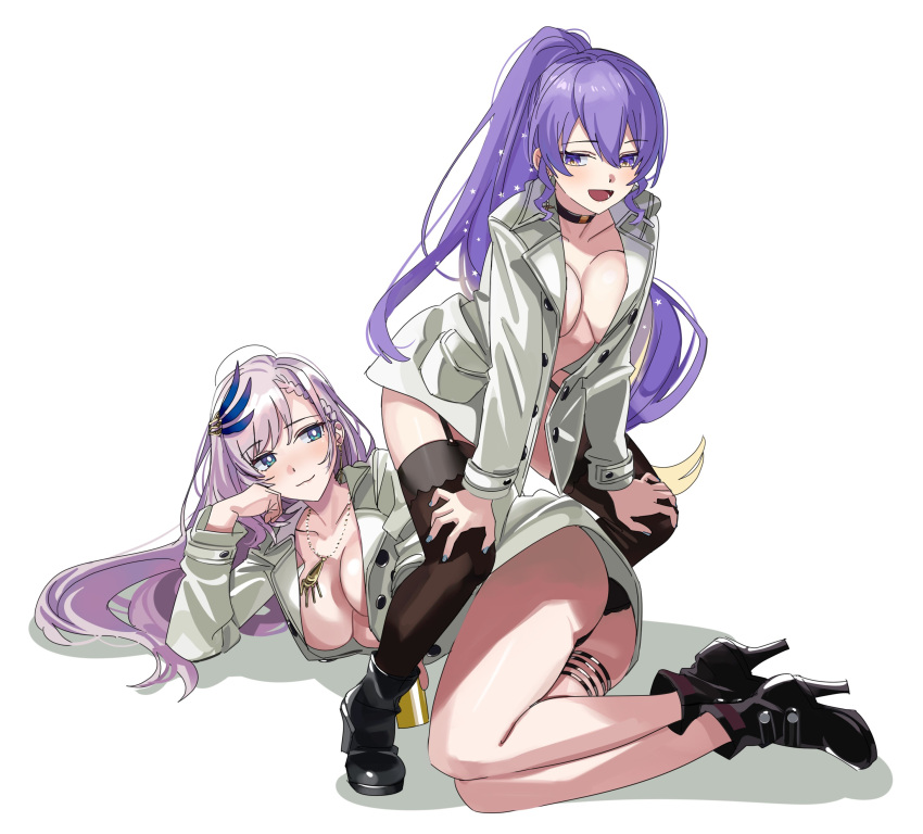 2girls absurdres ass ass_shake black_garter_straps black_panties black_thighhighs blonde_hair blue_eyes braid breasts collar earrings feather_hair_ornament feathers garter_straps gradient_hair green_eyes grey_hair hair_ornament high_heels highres hololive hololive_indonesia jacket jewelry large_breasts long_hair lying moona_hoshinova multicolored_hair multiple_girls naked_jacket necktie on_side open_clothes open_jacket open_mouth panties pavolia_reine ponytail purple_eyes purple_hair smile starry_hair thighhighs thighs twerking underwear virtual_youtuber white_background white_jacket yomosaka