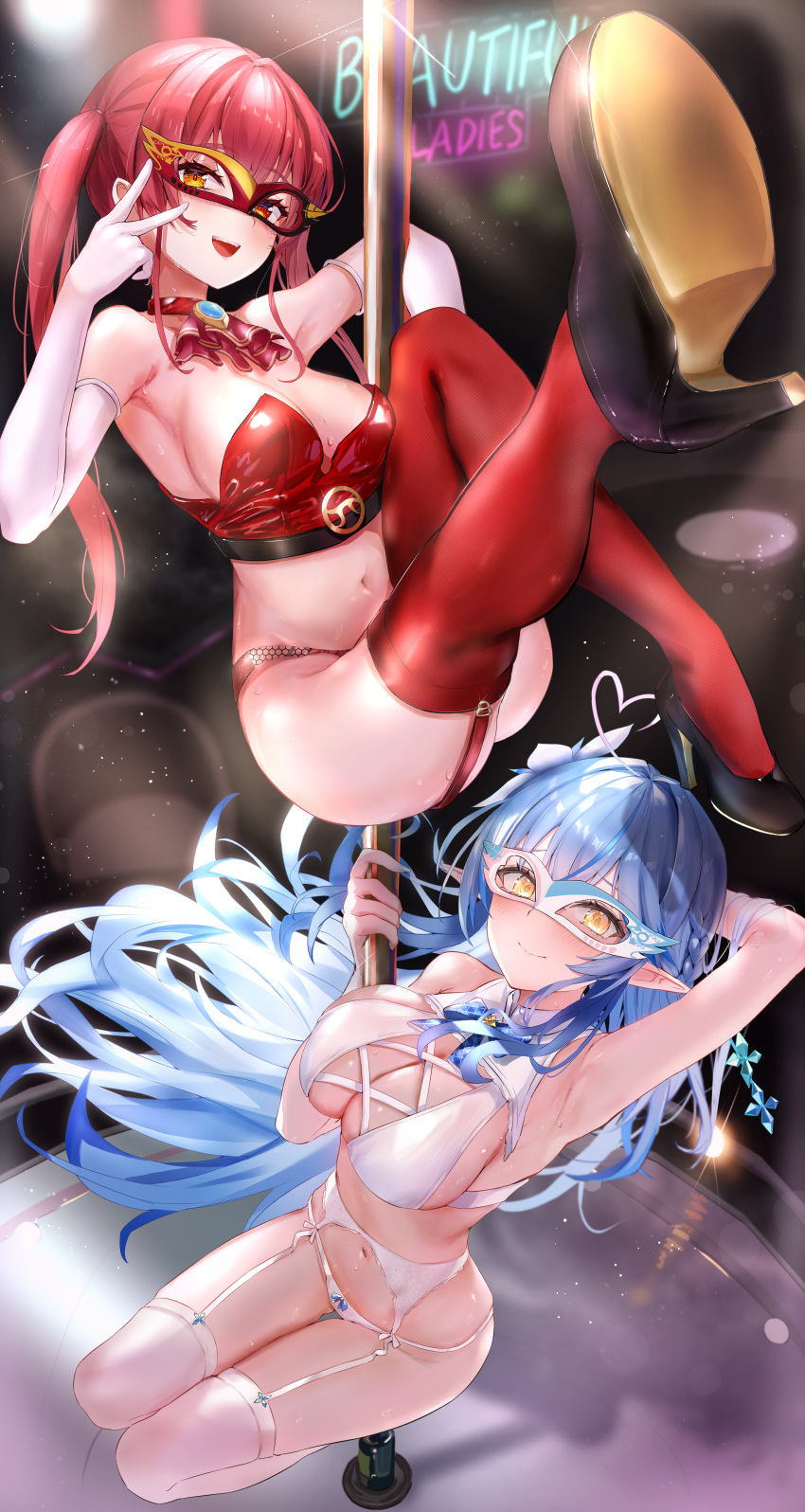 2girls absurdres ahoge arm_behind_head arm_up armpit_crease armpits ascot bikini black_footwear blue_hair breasts cleavage flower garter_belt garter_straps gloves hair_flower hair_ornament heart heart_ahoge heterochromia highres hololive houshou_marine how_about_paipai_mask?_(houshou_marine) long_hair looking_at_viewer mugiusagi multicolored_hair multiple_girls navel panties pole_dancing red_ascot red_eyes red_garter_straps red_panties red_thighhighs red_tube_top strapless streaked_hair swimsuit thighhighs tube_top twintails underwear v virtual_youtuber white_bikini white_garter_belt white_garter_straps white_gloves white_thighhighs yellow_eyes yukihana_lamy