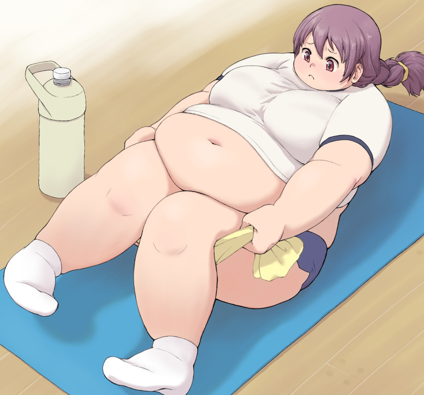 blue_shorts blush breasts brown_eyes closed_mouth commentary_request fat female full_body hair_between_eyes highres holding holding_towel huge_breasts katou_(katohayabusa) long_hair lying mat navel on_back on_floor original purple_hair shadow shirt short_sleeves shorts socks solo t-shirt tareme thick_arms thick_thighs thighs towel white_shirt white_socks wooden_floor