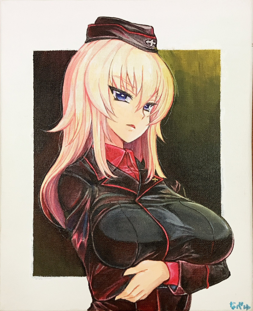 arms_under_breasts black_hat blue_eyes border breasts commentary_request dress_shirt female garrison_cap girls_und_panzer gradient_background grey_hair hair_between_eyes hat highres impossible_clothes impossible_jacket insignia itsumi_erika jacket kuromorimine_military_uniform large_breasts leather leather_jacket long_hair long_sleeves looking_at_viewer military military_hat military_uniform nabeyu oil_painting_(medium) open_mouth painting_(medium) red_shirt red_trim scan school_uniform shirt signature solo standing traditional_media translation_request white_border