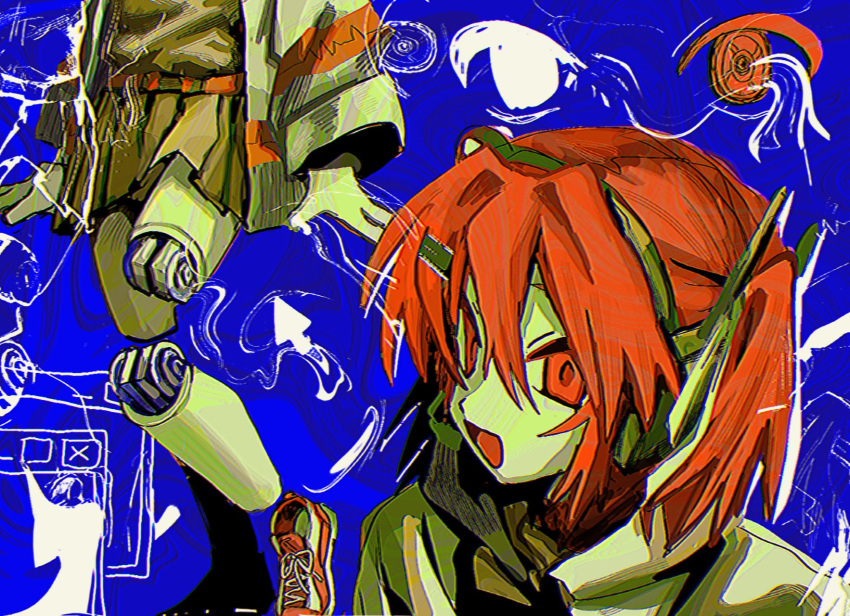 a.i._voice adachi_rei android belt blue_background commentary cursor distortion female hair_ornament headset highres jacket joints long_sleeves medium_hair miniskirt multiple_views one_side_up open_clothes open_jacket open_mouth orange_belt orange_eyes orange_hair pleated_skirt robot_joints severed_limb shoes skirt suuno_kamibukuro utau white_jacket window_(computing)