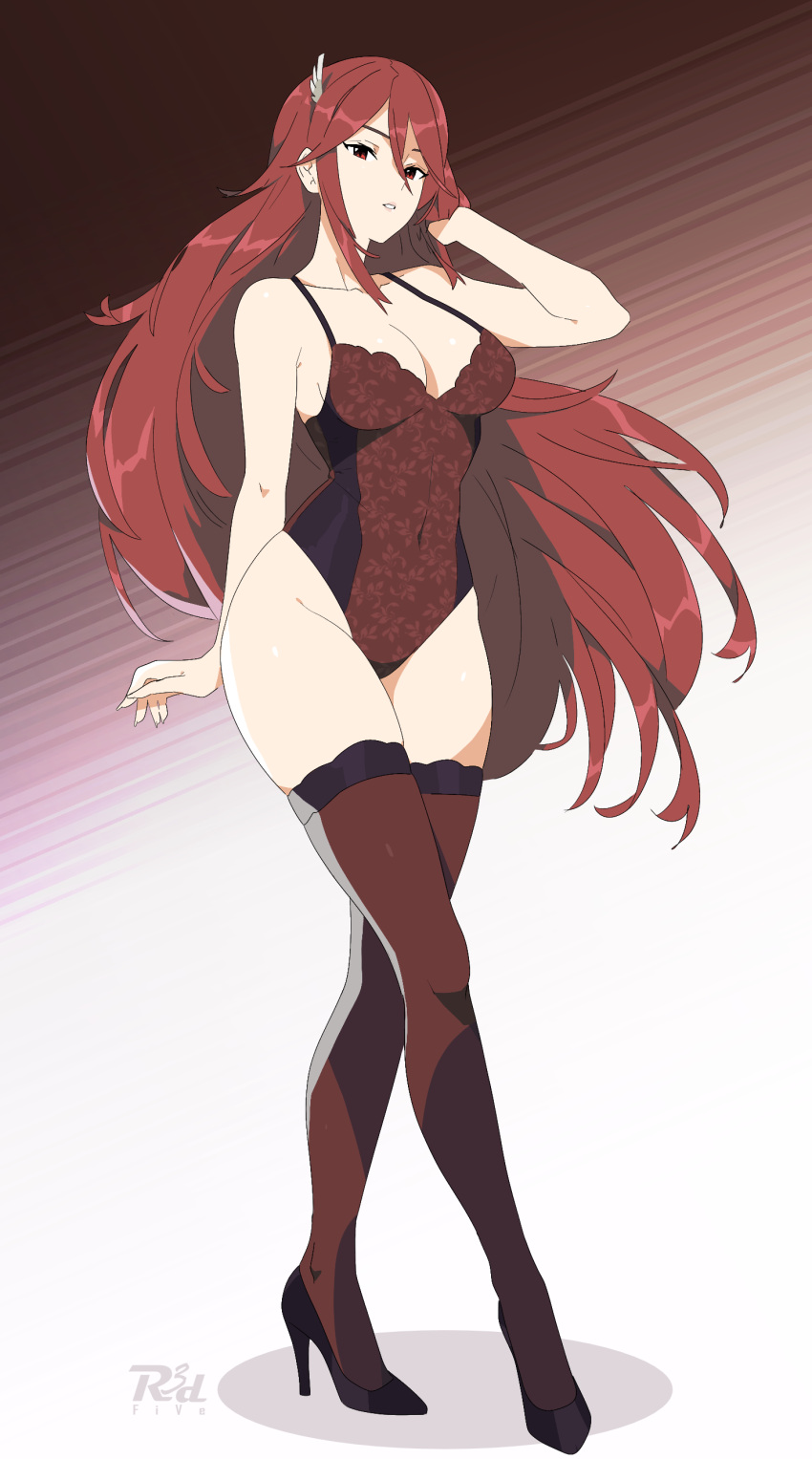 absurdres arm_up artist_name bare_arms bare_shoulders black_footwear breasts cleavage collarbone cordelia_(fire_emblem) covered_navel female fire_emblem fire_emblem_awakening full_body gradient_background hair_between_eyes hand_in_own_hair high_heels highres large_breasts leotard long_hair looking_at_viewer parted_lips r3dfive red_background red_eyes red_hair red_leotard red_thighhighs signature solo standing thighhighs underwear very_long_hair white_background wing_hair_ornament