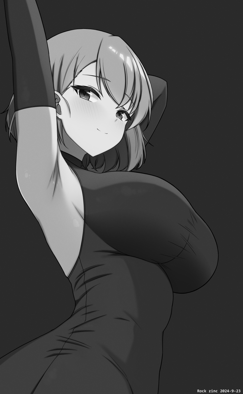 absurdres arm_behind_head armpits arms_up azur_lane bare_shoulders black_bodysuit black_gloves blush bodysuit breasts elbow_gloves female gloves greyscale hair_between_eyes highres large_breasts looking_at_viewer looking_back medium_hair monochrome rock_zinc skin_tight smile solo upper_body z23_(azur_lane)