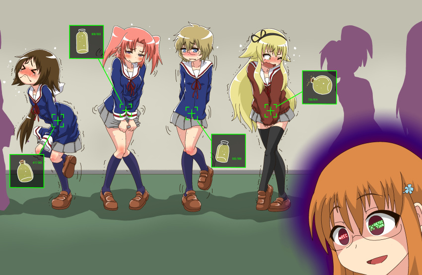 >_< 5girls :< absurdres ao_kurage arched_back arms_behind_back aura between_legs biting_own_lip black_hairband black_thighhighs blonde_hair blue_eyes blue_shirt blue_socks blush bottle breasts brown_footwear brown_hair closed_eyes clothes_grab collarbone commentary_request constricted_pupils cork corked_bottle crossed_legs dark_aura embarrassed english_text flat_chest flower flying_sweatdrops full_body glasses grey_skirt hair_flaps hair_flower hair_ornament hairband hairclip half-closed_eyes hand_between_legs have_to_pee heel_up highres indoors jaggy_lines kneehighs knees_together_feet_apart leg_up legs long_hair long_sleeves looking_at_viewer medium_hair mikakunin_de_shinkoukei miniskirt mitsumine_mashiro momouchi_mayura motion_lines multiple_girls neck_ribbon nervous nose_blush one_eye_closed open_mouth orange_hair peeing peeing_self pink_hair pleated_skirt ponytail purple_eyes queue raised_eyebrow raised_eyebrows recording red_eyes red_ribbon red_sweater ribbon sailor_collar school_uniform serafuku shaded_face shirt shoes short_hair sidelocks silhouette skirt skirt_grab sleeves_past_fingers sleeves_past_wrists small_breasts smile socks split_mouth standing standing_on_one_leg suetsugi_konoha sweat sweater tears text_in_eyes thighhighs thighs trembling twintails urine urine_meter v_arms very_long_hair wavy_mouth white_sailor_collar wide-eyed wince yellow_eyes yonomori_benio yonomori_kobeni zettai_ryouiki