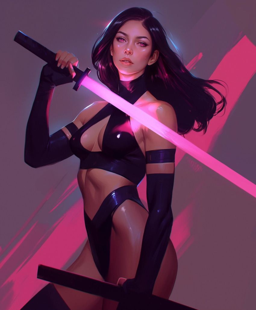 artist_request bare_shoulders breasts bridal_gauntlets elbow_gloves energy_blade female gloves highres katana large_breasts leotard long_hair looking_at_viewer marvel psylocke purple_eyes purple_hair revealing_clothes solo superhero_costume sword thighhighs weapon x-men x-men:_the_animated_series