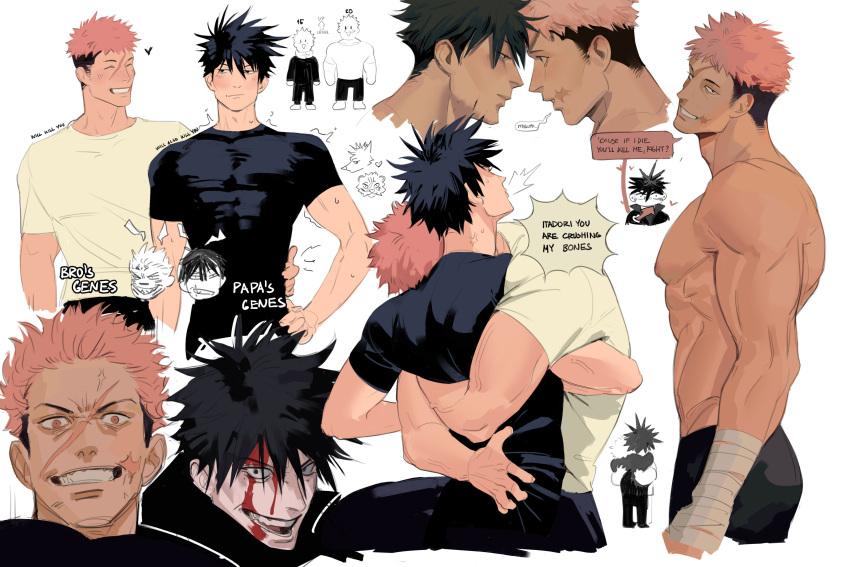 2boys abs absurdres bandaged_hand bandages black_pants black_shirt blush closed_eyes closed_mouth fushiguro_megumi highres hug iba_(kcokaine) itadori_yuuji jujutsu_kaisen large_pectorals looking_at_another looking_at_viewer male_focus multiple_boys muscular muscular_male nipples pants pectorals scar scar_on_face shirt simple_background smile teeth topless_male white_background white_shirt yaoi