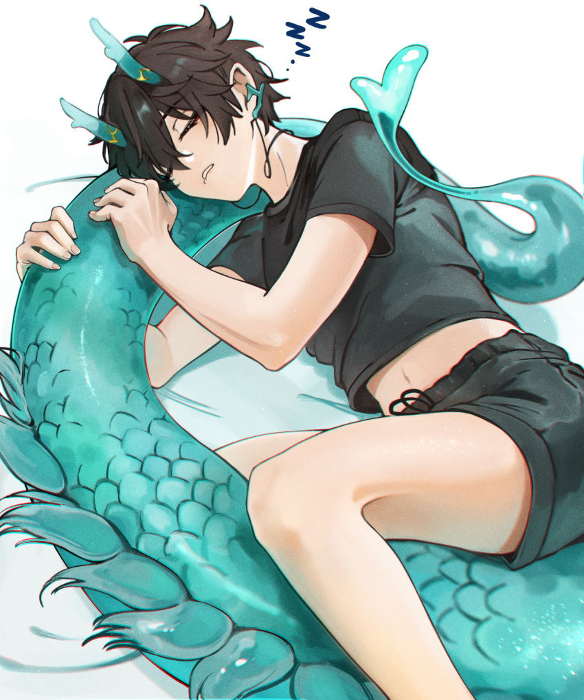 1boy aqua_horns aqua_tail black_hair black_shirt black_shorts closed_eyes commentary_request dan_heng_(honkai:_star_rail) dan_heng_(imbibitor_lunae)_(honkai:_star_rail) dragon_boy dragon_horns dragon_tail drooling earclip eastern_dragon_horns eastern_dragon_tail hair_between_eyes highres honkai:_star_rail honkai_(series) horns hugging_own_tail hugging_tail lying male_focus mouth_drool navel on_side parted_lips shiraiyu327 shirt short_hair short_shorts short_sleeves shorts simple_background sleeping solo stomach t-shirt tail white_background zzz