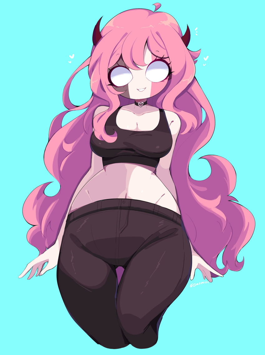 big_breasts bra choker cute demon demon_girl friday_night_funkin gazericc hearts_around_head long_hair pink_hair sarvente_(dokki.doodlez) sports_bra tagme thick_thighs white_body white_eyes