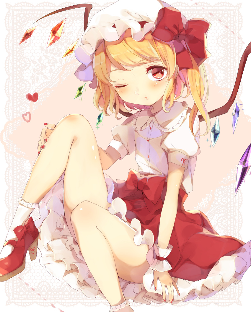 absurdres bad_anatomy bad_leg bare_legs blush bobby_socks bow buttons clip_studio_paint_(medium) collared_shirt crystal female flandre_scarlet foot_out_of_frame frilled_shirt_collar frilled_skirt frills hand_on_own_leg hat hat_bow hat_ribbon head_tilt heart high_heels highres looking_at_viewer mary_janes mob_cap multicolored_wings nail_polish no_vest one_eye_closed puffy_short_sleeves puffy_sleeves red_bow red_eyes red_footwear red_nails red_ribbon red_skirt ribbon senju_(uroakono) shirt shoes short_sleeves skirt socks solo thick_thighs thighs touhou white_hat white_shirt white_socks wings wrist_cuffs