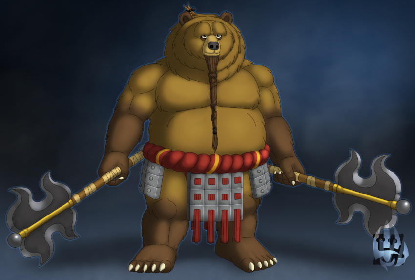 5_toes anthro armor axe bear beard bottomwear brown_body brown_fur clothing dreamworks dzkribblerluiz facial_hair feet fur holding_object holding_weapon kung_fu_panda loincloth long_beard maine male mammal musclegut muscular plantigrade red_rope rope slightly_chubby solo tassels toes ursine warrior weapon