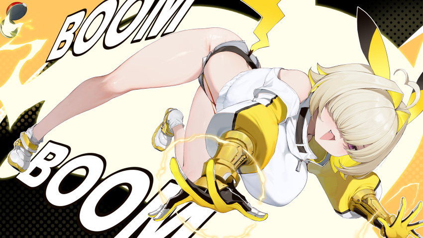 absurdres ahoge all_fours animal_ears black_gloves blonde_hair breasts chinese_commentary clothing_cutout commentary_request cosplay crop_top electricity elegg_(nikke) english_commentary english_text female gloves goddess_of_victory:_nikke grey_shorts hair_intakes hair_over_eyes highres kanon_(sinto) large_breasts long_bangs long_sleeves looking_at_viewer micro_shorts midriff mixed-language_commentary multicolored_hair oerba_yun_fang open_mouth pikachu_ears pikachu_tail poke_ball pokemon pokemon_tail purple_eyes shirt short_hair shorts shoulder_cutout simple_background smile solo stomach tail thighs two-sided_gloves two-tone_gloves two-tone_hair white_footwear white_shirt yellow_gloves