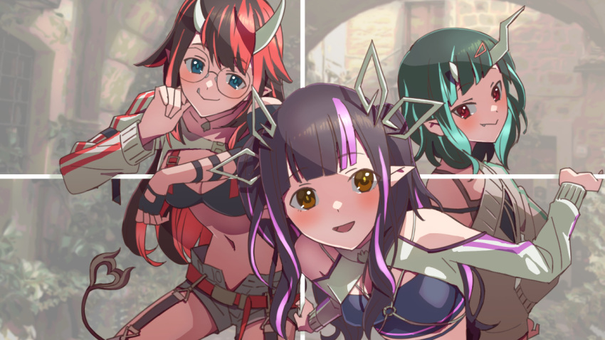 3girls belt black_gloves black_hair black_tank_top blue_eyes blue_hair blunt_bangs blush breasts brown_eyes cleavage closed_mouth commentary_request cowboy_shot demon_horns fingerless_gloves flat_chest glasses gloves grey_shorts grey_sweater hair_ornament hairclip horns kikuta_kouichi kojo_anna kojo_anna_(2nd_costume) large_breasts leaning_forward long_hair long_sleeves looking_at_viewer medium_breasts multicolored_hair multiple_girls nanashi_inc. navel oerba_yun_fang off_shoulder official_alternate_costume open_mouth pointy_ears purple_hair red_belt red_eyes red_hair round_eyewear ryugasaki_rene ryugasaki_rene_(2nd_costume) shishio_chris shishio_chris_(2nd_costume) short_hair shorts single_glove smile sugar_lyric sweater tail tank_top twintails two-tone_hair virtual_youtuber