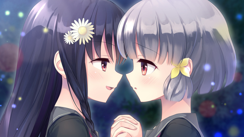 2girls black_hair blush braids close flowers game_cg gray_hair headdress hiraoka_mutsuki kamitsure_~7_no_nijou_fushigi~ long_hair mizuki_kotora red_eyes school_uniform short_hair shoujo_ai twintails yurigaoka_nanami