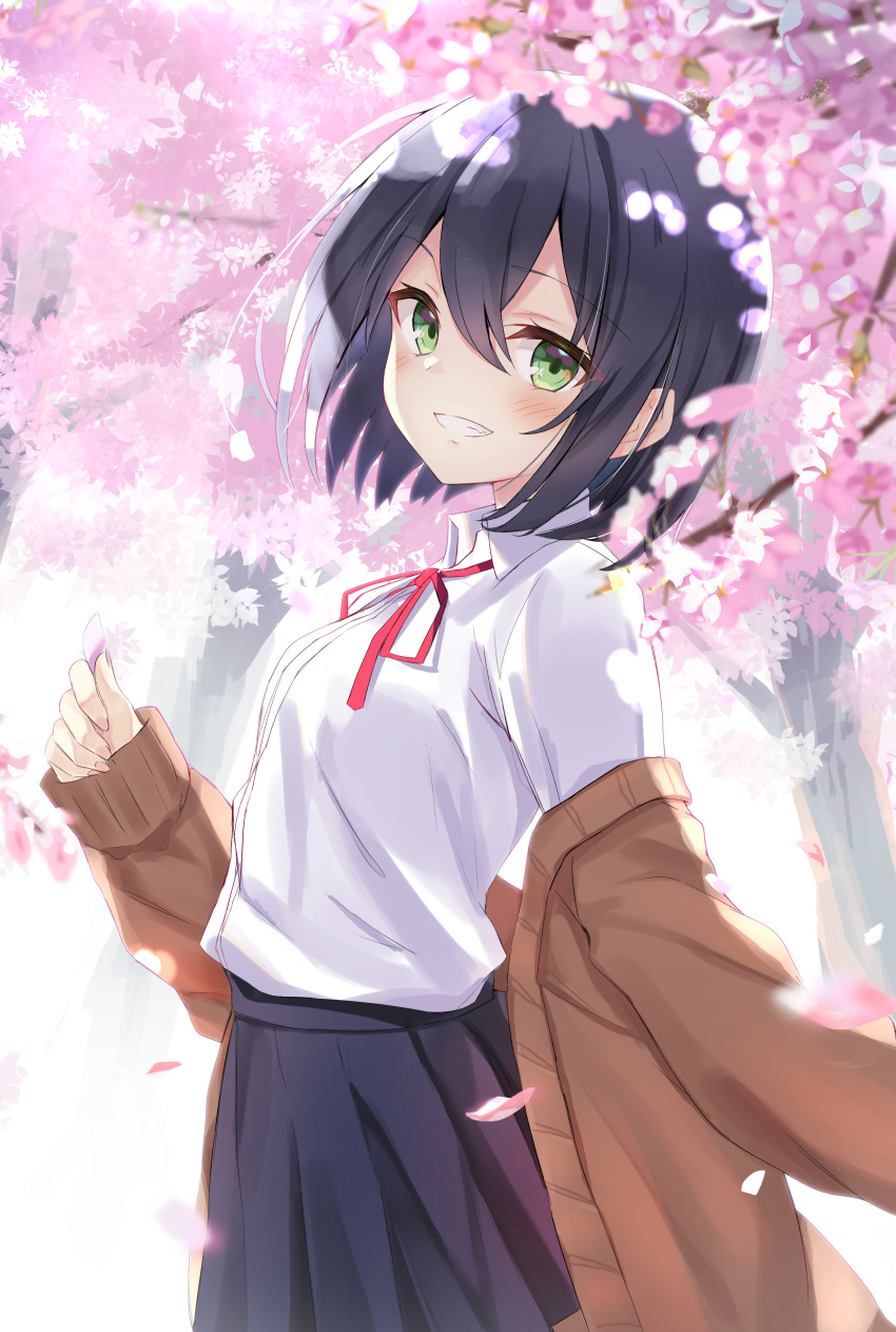 absurdres black_hair black_skirt blush cherry_blossoms clenched_teeth commentary_request female fingernails green_eyes hair_between_eyes highres junior_(toshizou) long_sleeves looking_at_viewer neck_ribbon original petals red_ribbon ribbon school_uniform shirt short_hair skirt smile solo teeth toshizou_(0714) white_shirt