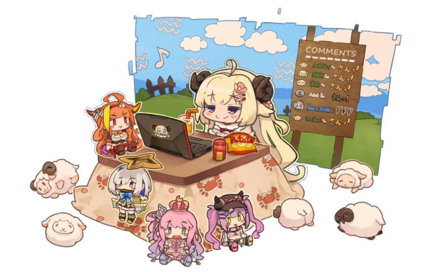 ahoge amane_kanata animal animal_ears bag_of_chips bendy_straw bibi_(tokoyami_towa) blonde_hair blue_hair blush brown_hair character_doll closed_mouth commentary computer crab_print curled_horns drinking_straw eighth_note female green_eyes grey_hair hair_ornament hair_over_one_eye hairclip heterochromia himemori_luna holoforce hololive horns ice ice_cube itsuki_tasuku kiryu_coco kiryu_coco_(1st_costume) kotatsu laptop long_hair multicolored_hair musical_note purple_eyes purple_hair sheep sheep_ears sheep_girl sheep_horns sign smile solo streaked_hair table tokoyami_towa translated tsunomaki_watame tsunomaki_watame_(1st_costume) two-tone_hair very_long_hair virtual_youtuber white_background