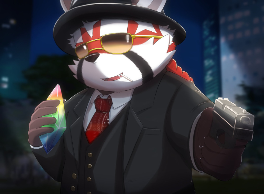 2022 ailurid anthro biped clothing detailed_background eyewear gun hi_res humanoid_hands inugamihito kemono lifewonders mammal necktie night outside ranged_weapon red_body red_panda shirt solo suit sunglasses tokyo_afterschool_summoners topwear weapon white_body zhurong_(tas)