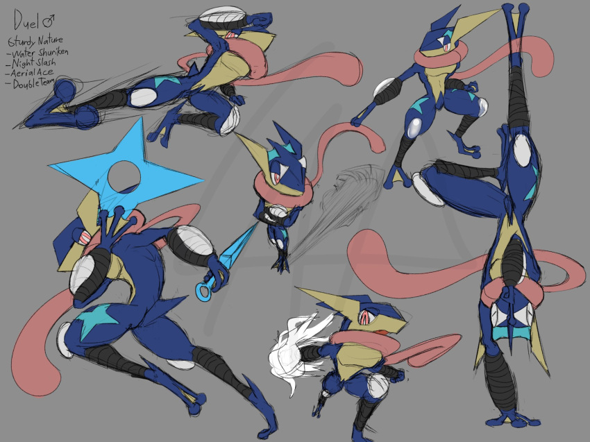 amphibian anthro blue_body closed_eyes duel_(lewdaesthetics) english_text generation_6_pokemon greninja half-closed_eyes handstand hi_res kick lewdaesthetics long_tongue looking_at_viewer male narrowed_eyes nintendo on_one_hand pink_eyes pink_tongue pokemon pokemon_(species) solo text tongue weapon