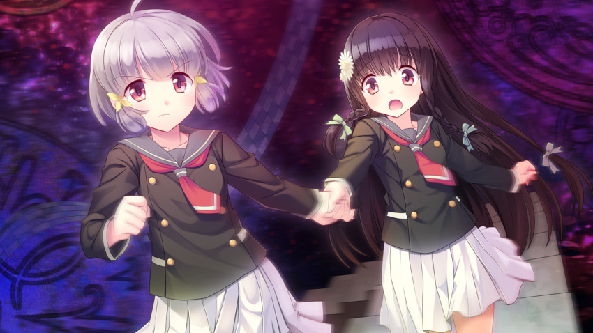 2girls black_hair blush braids flowers game_cg headdress hiraoka_mutsuki kamitsure_~7_no_nijou_fushigi~ long_hair mizuki_kotora red_eyes school_uniform short_hair skirt tie yurigaoka_nanami