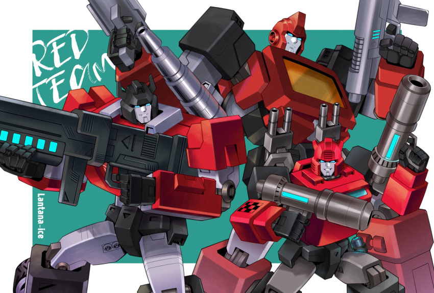 3boys aqua_background artist_name autobot border cliffjumper dual_wielding gun highres holding holding_gun holding_weapon ironhide lantana0_0 looking_to_the_side mecha multiple_boys no_humans outside_border parted_lips red_theme robot science_fiction sideswipe transformers transformers:_generation_1 weapon white_border