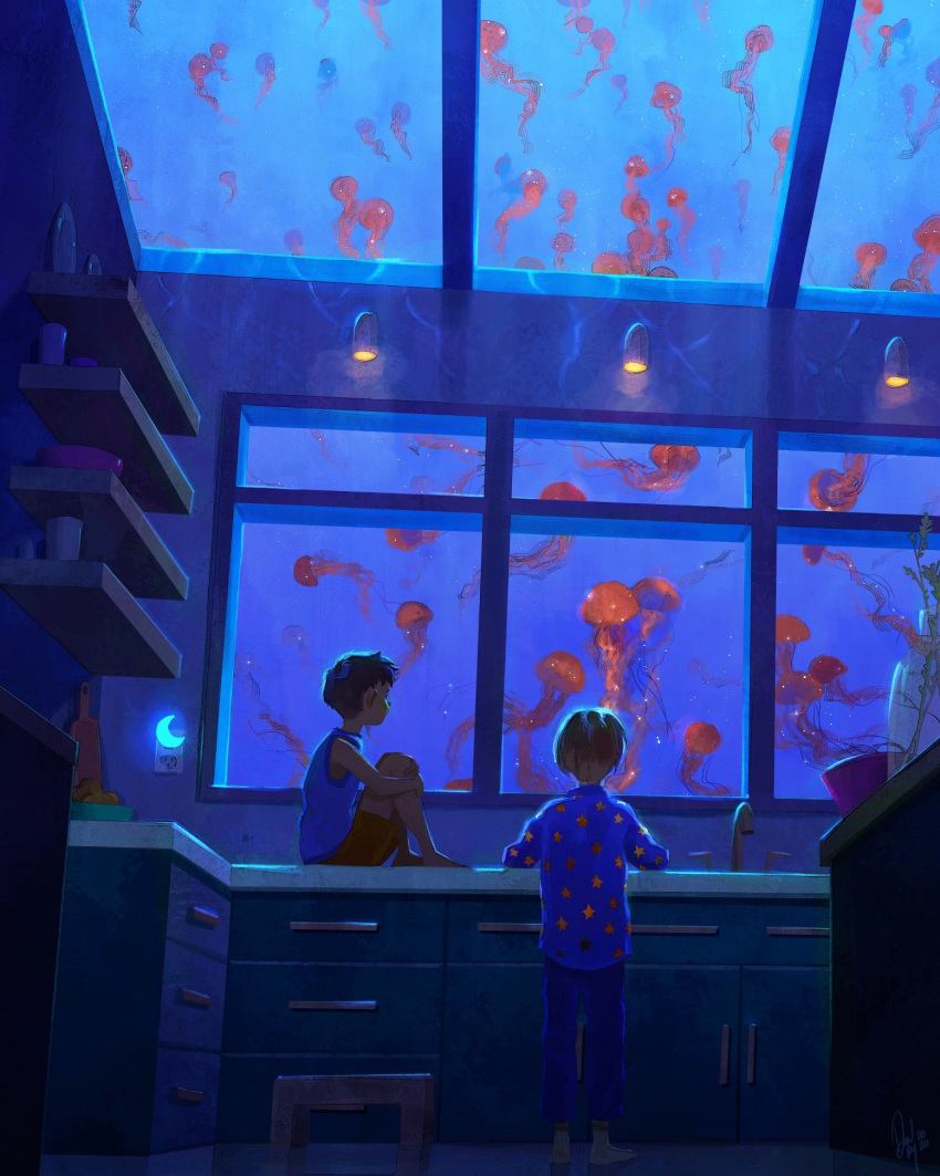 2boys devin_elle_kurtz english_commentary from_behind hands_on_own_knees highres jellyfish lolicon looking_up moon_(ornament) multiple_boys night_light original pajamas shorts underwater