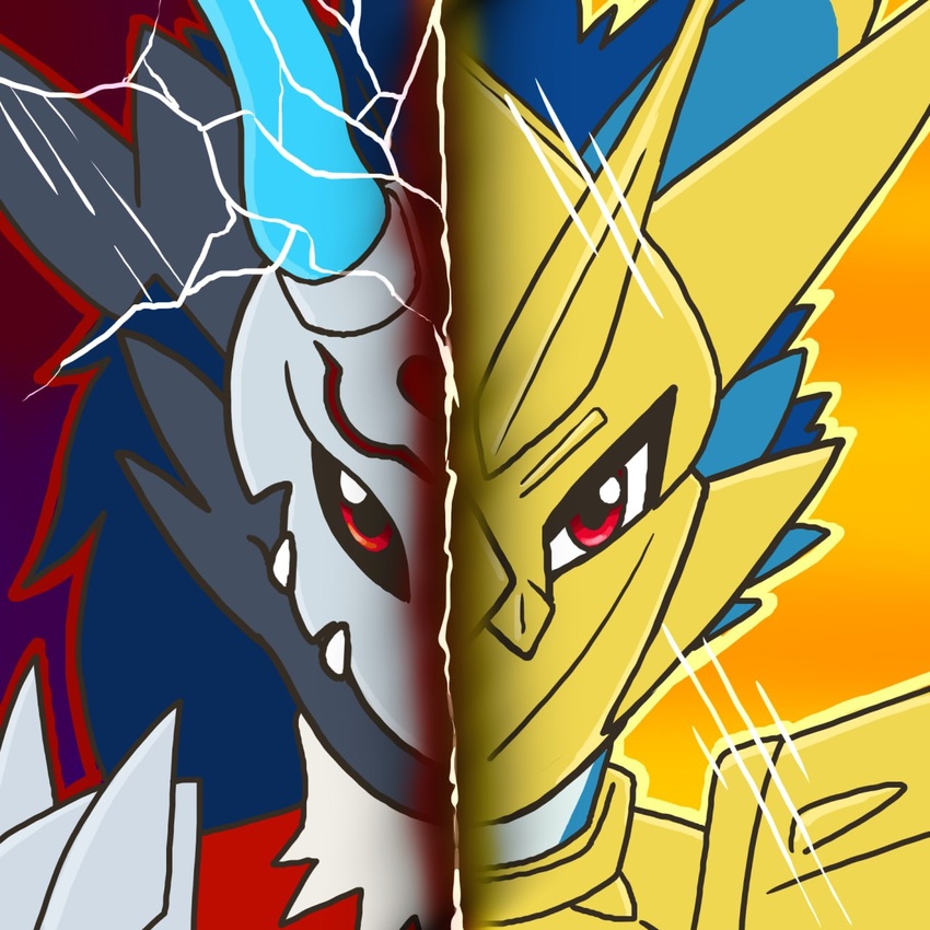 1:1 armor bandai_namco bust_portrait chicostyx digimon digimon_(species) digital_media_(artwork) dragon duo evolved fanmon hair halsemon hi_res horn hybrid looking_at_viewer magnamon male mythological_creature mythological_scalie mythology portrait red_eyes reptile scalie sethmon simple_background split_screen yami_the_veemon