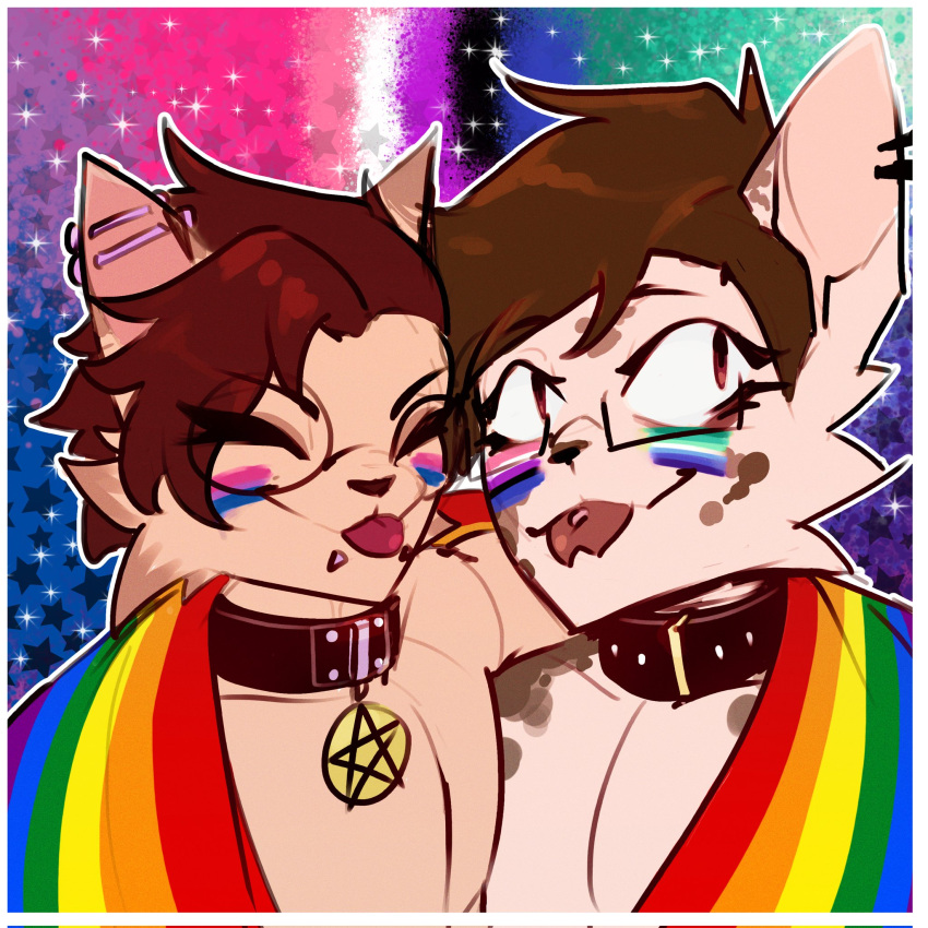 1:1 anthro bisexual_pride_colors blep bodypaint brown_hair cheek_tuft closed_eyes clothing collar cozymun domestic_cat ear_piercing ear_ring face_paint facial_piercing facial_tuft felid feline felis forked_tongue fur genderfluid_pride_colors hair hi_res lgbt_pride lgbt_pride_month lip_piercing lynx male mammal markings munsy_(blaxat) pentacle_pendant pentagram_necklace piercing pride_color_bodypaint pride_color_clothing pride_color_face_paint pride_color_flag pride_colors rainbow_pride_colors ring_piercing simple_background six-stripe_rainbow_pride_colors smile snakebite_piercing spots spotted_body spotted_fur tan_body tan_fur tongue tongue_out tuft vincian_pride_colors wearing_flag white_body white_fur wide_eyed