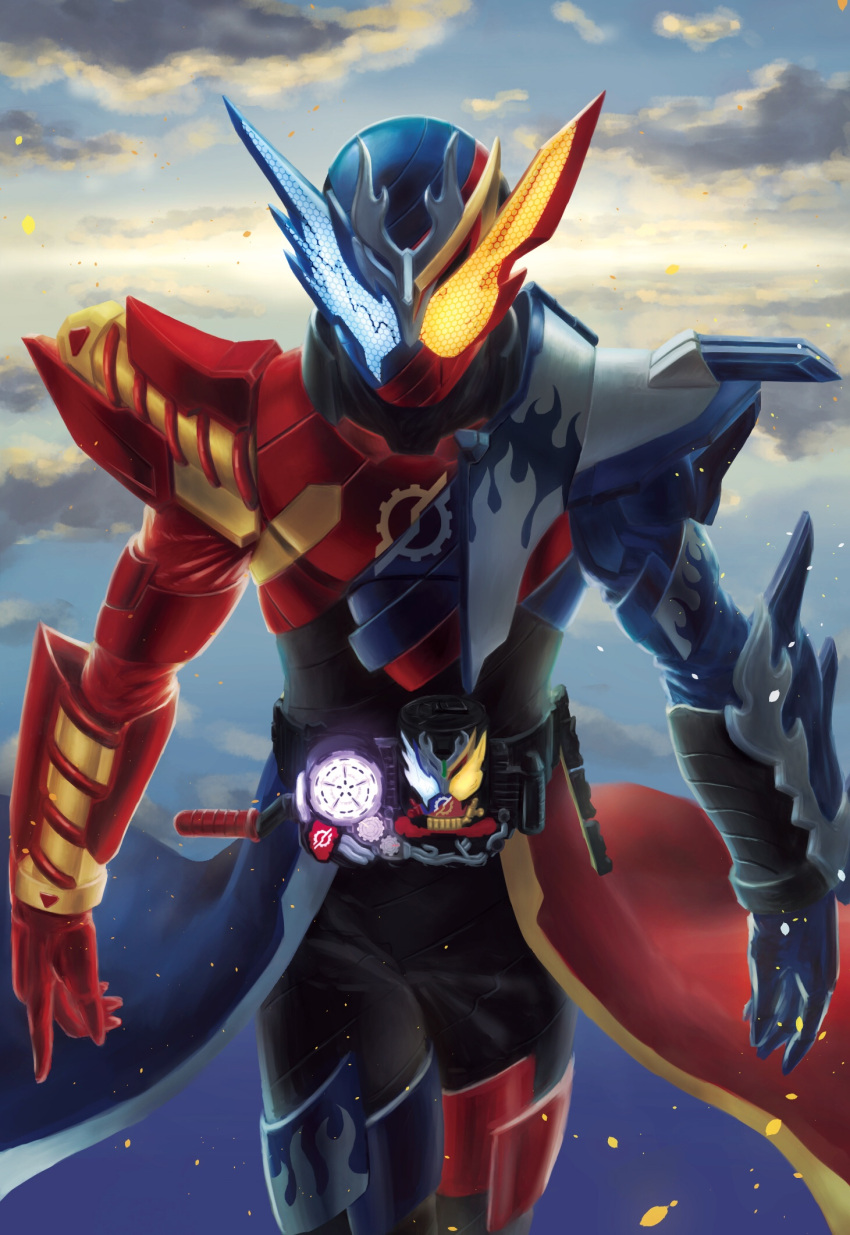 1boy animal_ears armor asymmetrical_footwear asymmetrical_gloves asymmetrical_legwear belt blue_armor blue_eyes blue_footwear blue_sky build_driver cloud coattails cross-zbuild_can cross-zbuild_form dragon driver_(kamen_rider) flame_print fusion gloves glowing glowing_eyes heterochromia highres horns kamen_rider kamen_rider_build kamen_rider_build_(series) kamen_rider_cross-z looking_at_viewer male_focus mismatched_footwear mismatched_gloves mismatched_legwear namahamu913 rabbit_ears red_armor red_footwear rider_belt sky tokusatsu yellow_eyes