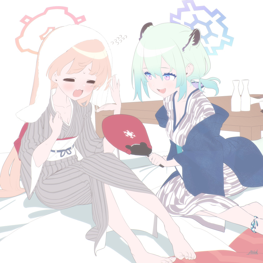 2girls :d =_= afterimage animal_ears barefoot blonde_hair blue_archive blue_hair blush bottle breasts cleavage closed_eyes collarbone fangs fanning_self flying_sweatdrops halo hand_fan highres holding holding_fan hot japanese_clothes kimono long_hair medium_breasts mimitoke multiple_girls nodoka_(blue_archive) nodoka_(hot_spring)_(blue_archive) open_mouth paper_fan pink_eyes ponytail sake_bottle sash shigure_(blue_archive) shigure_(hot_spring)_(blue_archive) signature simple_background sitting skin_fangs smile sweat table toes tokkuri towel towel_on_head uchiwa white_background yagasuri yokozuwari yukata