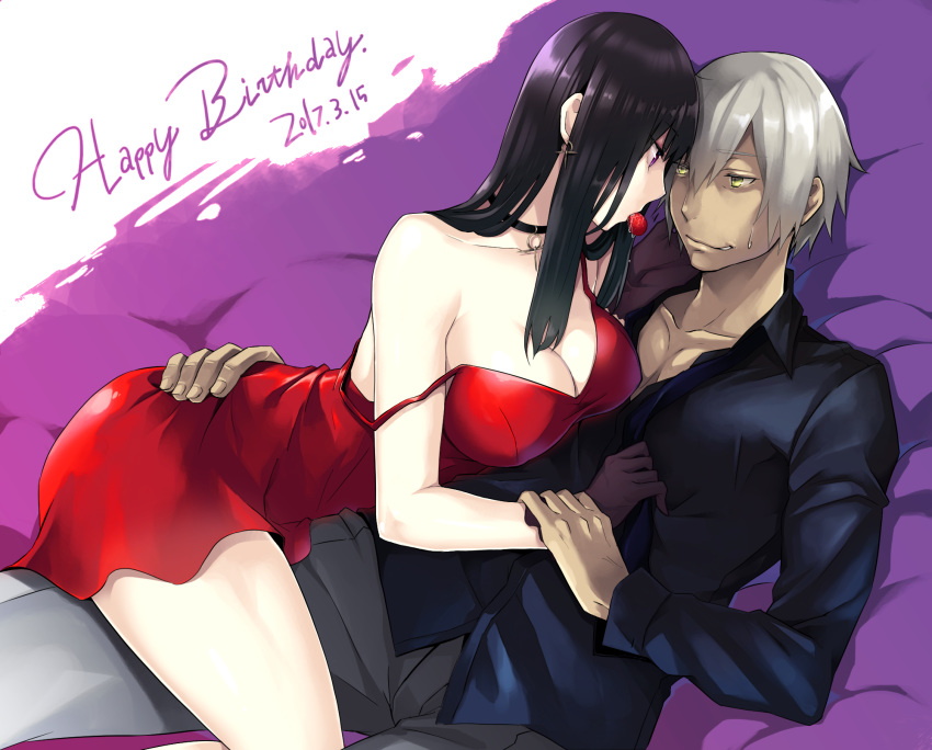 1boy biomega black_hair breasts choker cleavage commentary_request dark_skin dress female food fruit happy_birthday highres large_breasts long_hair mouth_hold narain_meghnad nyaldee red_dress sakuma_tsukasa saliva strap_slip strawberry sweatdrop white_hair