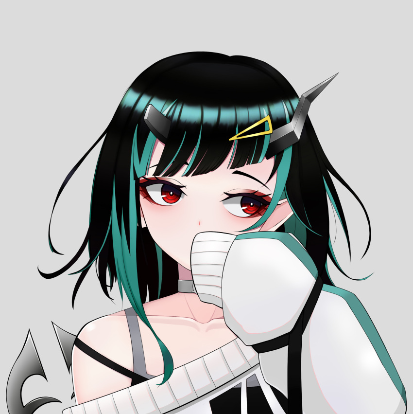 absurdres black_hair blue_hair blunt_bangs commentary_request covering_own_mouth demon_girl demon_horns demon_tail female grey_background grey_choker grey_sweater hair_ornament hairclip hand_over_own_mouth highres horns looking_to_the_side medium_hair multicolored_hair nanashi_inc. off_shoulder official_alternate_costume pendramon red_eyes shishio_chris shishio_chris_(2nd_costume) simple_background sleeves_past_fingers sleeves_past_wrists solo sugar_lyric sweater tail two-tone_hair upper_body virtual_youtuber