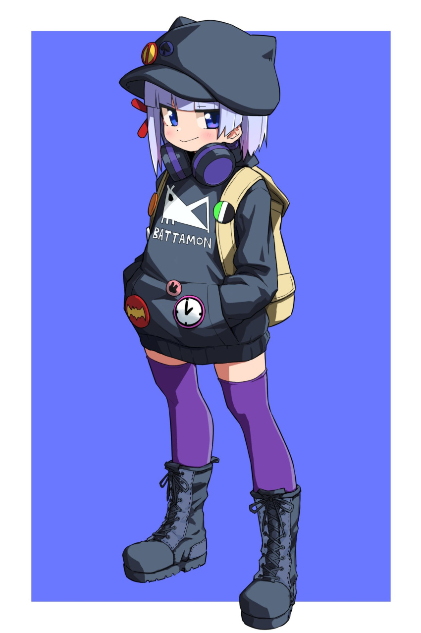 backpack bag black_footwear black_hat black_hoodie blue_hair blunt_bangs blush boots closed_mouth female hat headphones headphones_around_neck highres hongou_ichigo hood hoodie looking_at_viewer nichiasa_igai_wa_yattemasu! over-kneehighs purple_eyes purple_thighhighs short_hair smile solo thighhighs yachima_tana