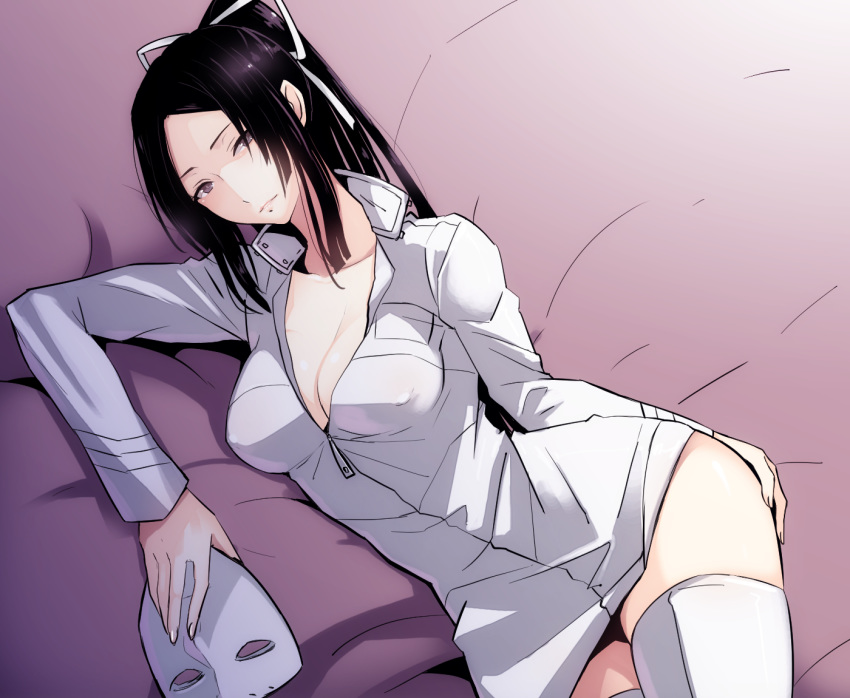 black_hair breasts cleavage closed_mouth dress female kobayashi_(sidonia_no_kishi) long_hair looking_at_viewer mask ponytail sakuma_tsukasa sidonia_no_kishi solo thighhighs uniform