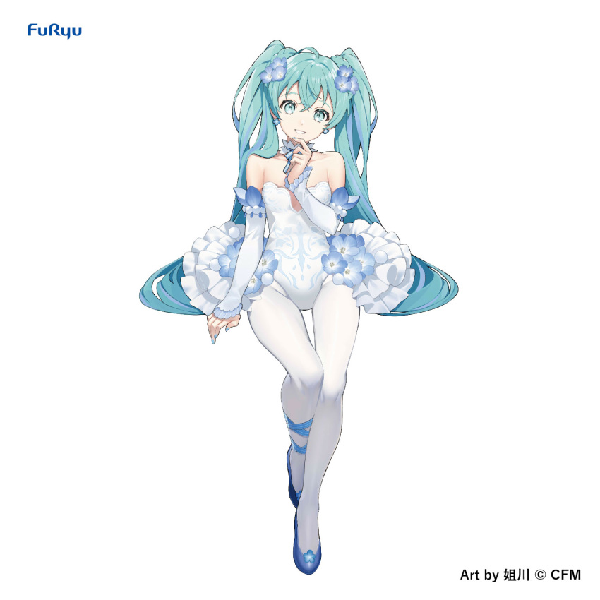 aqua_eyes aqua_hair artist_name bare_shoulders blue_flower blue_footwear breasts company_name copyright_notice crypton_future_media detached_sleeves earrings female figure_available flower flower_earrings full_body hair_flower hair_ornament hair_spread_out hand_up hatsune_miku hatsune_miku_(noodle_stopper) highres invisible_chair jewelry leg_ribbon leotard long_hair looking_at_viewer nemophila_(flower) noodle_stopper official_alternate_costume official_art pantyhose ribbon shoes showgirl_skirt simple_background sitting small_breasts smile sogawa solo straight-on twintails very_long_hair vocaloid white_background white_leotard white_pantyhose