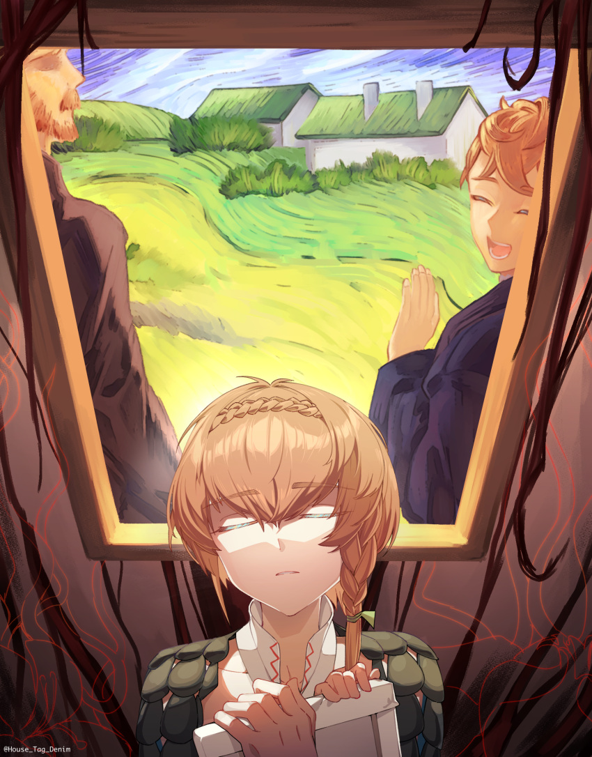 2boys :d ^_^ beard blue_jacket braid brown_background brown_hair brown_jacket closed_eyes crown_braid faceless faceless_male facial_hair facing_back facing_viewer fate/grand_order fate_(series) female grass hair_between_eyes hand_up highres holding house house_tag_denim jacket korean_commentary moustache multiple_boys painting_(object) parted_lips shirt short_hair siblings side_braid smile teeth theodorus_van_gogh_(fate) upper_body van_gogh_(fate) vincent_van_gogh_(person) vincent_van_gogh_(style) white_shirt