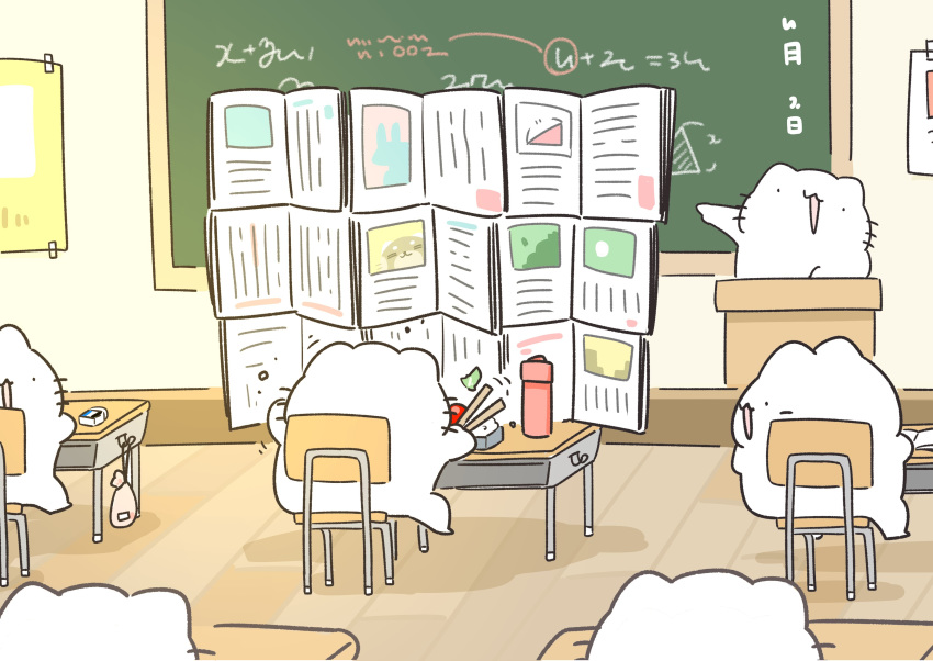 absurdres bento book chair chalkboard chopsticks classroom commentary desk eating eating_during_class eraser highres karameru karameru_(character) math open_book original podium school thermos wooden_floor