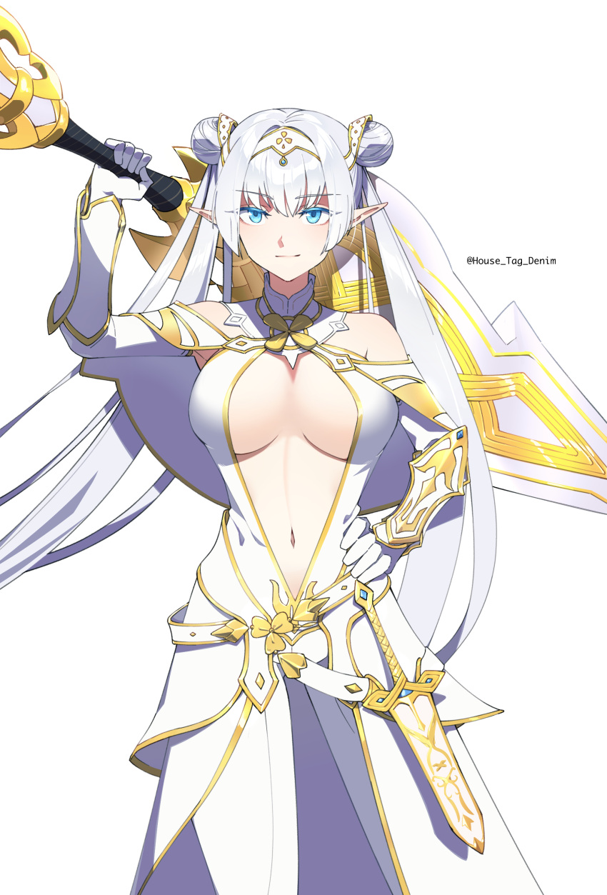 absurdres arm_guards bare_shoulders blue_eyes breasts britomart_(fate) britomart_(second_ascension)_(fate) capelet center_opening cleavage collarbone dagger double_bun dress elbow_gloves fate/grand_order fate_(series) female gloves gold_trim hair_bun hairband hand_on_own_hip highres house_tag_denim knife korean_commentary large_breasts long_hair looking_at_viewer navel pants pointy_ears smile solo straight-on sword taut_clothes taut_dress thighs tight_clothes tight_pants twintails very_long_hair weapon white_capelet white_dress white_gloves white_hair white_pants