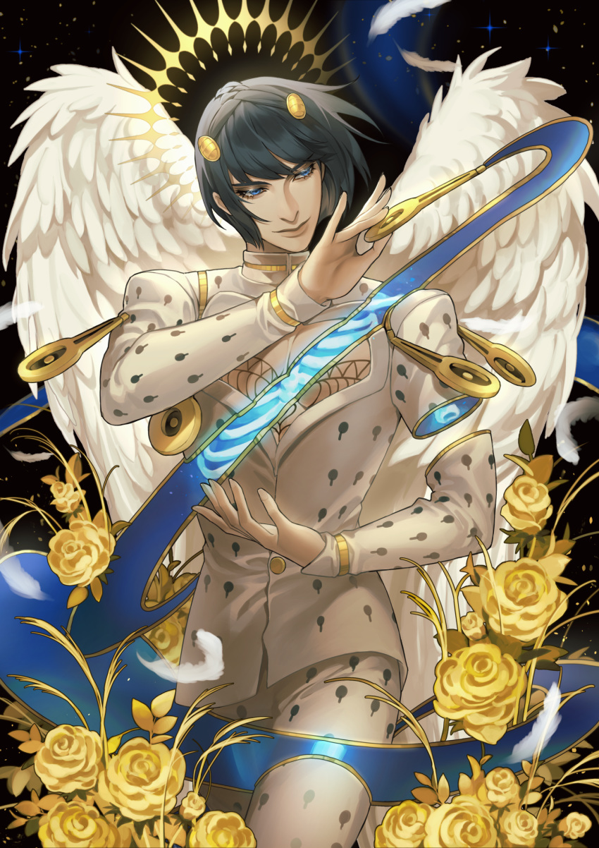 1boy angel angel_wings black_hair blue_eyes bob_cut bruno_bucciarati feathered_wings feathers flower gold hair_ornament hairclip halo highres jojo_no_kimyou_na_bouken male_focus rose solo ultracat vento_aureo white_wings wings