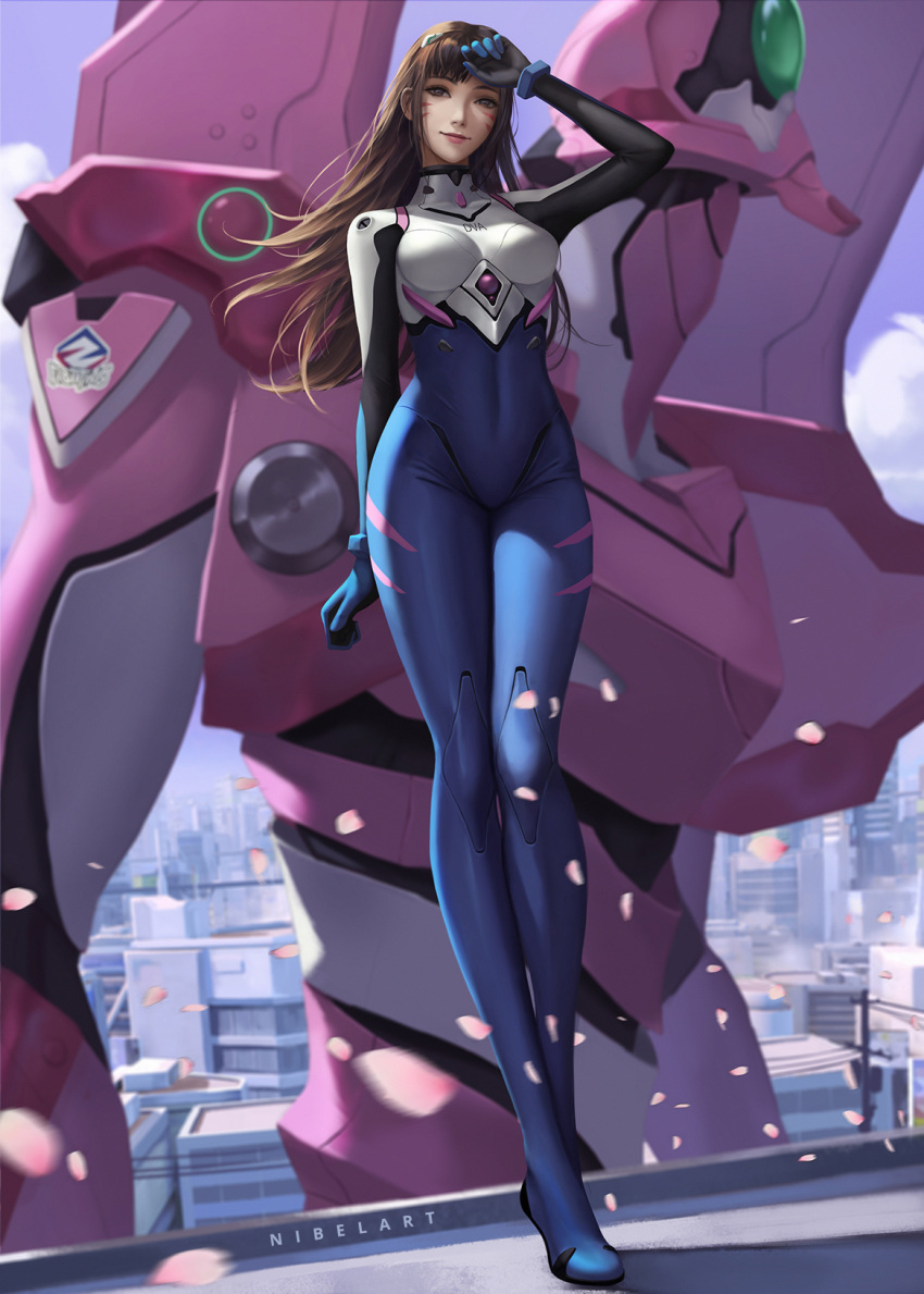 adapted_costume artist_name bodysuit breasts brown_hair city commentary covered_navel crossover d.va_(overwatch) english_commentary evangelion_(mecha) facial_mark female full_body green_eyes highres long_legs looking_at_viewer mecha medium_breasts neon_genesis_evangelion nibelart one-eyed outdoors overwatch overwatch_1 petals photoshop_(medium) pilot_suit plugsuit realistic robot science_fiction skin_tight smile solo standing whisker_markings