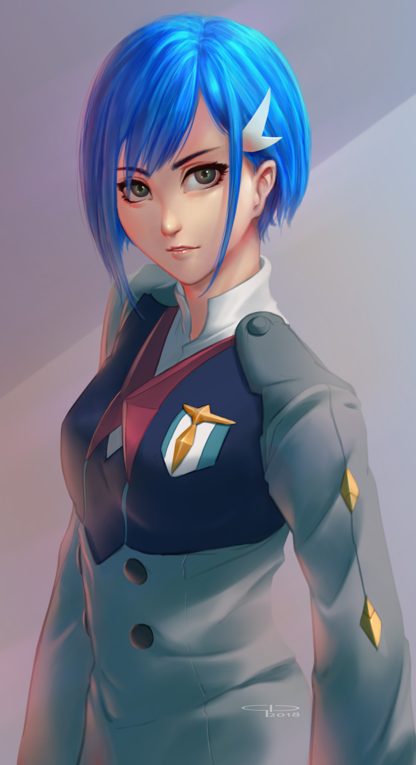 absurdres blue_hair breasts darling_in_the_franxx female gio_tengco green_eyes grey_background grey_jacket hair_behind_ear hair_ornament hairclip highres ichigo_(darling_in_the_franxx) jacket looking_up parted_lips photoshop_(medium) short_hair small_breasts solo uniform upper_body