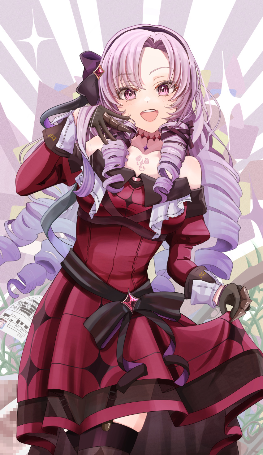 absurdres black_bow black_gloves black_hairband bow chest_tattoo claw_ring dress drill_hair female garter_straps gloves hair_ribbon hairband hairbow highres hyakumantenbara_salome hyakumantenbara_salome_(1st_costume) light_purple_hair long_hair long_sleeves looking_at_viewer musson nijisanji off-shoulder_dress off_shoulder parted_bangs puffy_long_sleeves puffy_sleeves purple_dress purple_eyes purple_ribbon ribbon sash scorpion_tattoo skindentation skirt_hold smile solo sparkle tattoo thighhighs very_long_hair virtual_youtuber