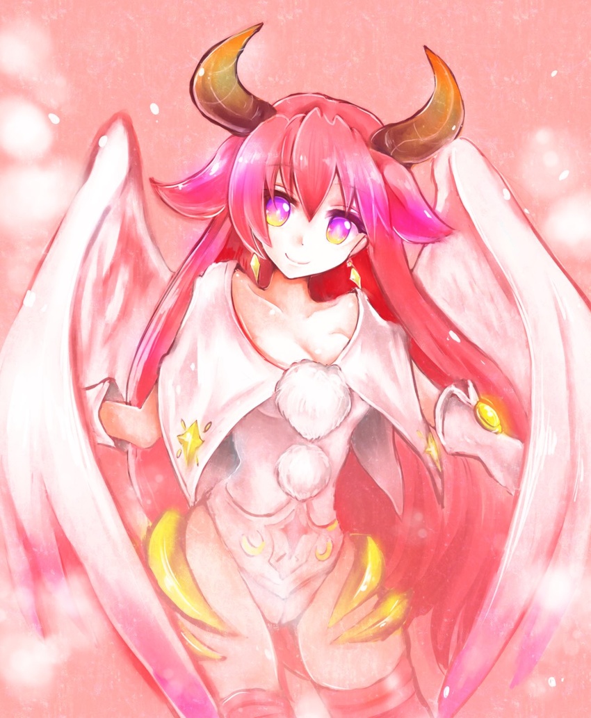 akura_(arc_the_lad) arc_the_lad arc_the_lad_ii breasts cleavage closed_mouth earrings female highres horns jewelry leotard long_hair looking_at_viewer red_eyes red_hair smile solo wings