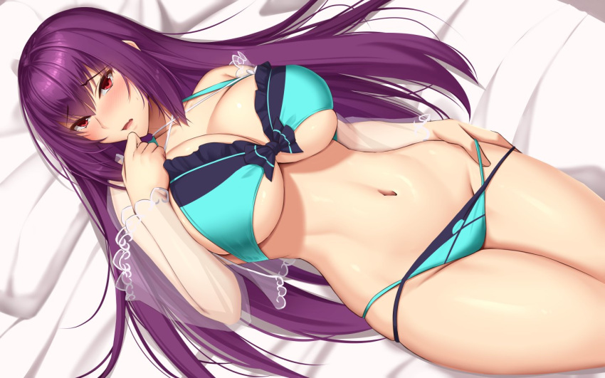 akitsuki_karasu bikini blue_bikini blush breasts cleavage commission criss-cross_halter fate/grand_order fate_(series) female halterneck large_breasts legs_together long_hair looking_at_viewer lying navel on_back open_mouth purple_hair red_eyes scathach_(fate) scathach_skadi_(fate) scathach_skadi_(swimsuit_ruler)_(fate) scathach_skadi_(swimsuit_ruler)_(final_ascension)_(fate) skeb_commission solo stomach swimsuit