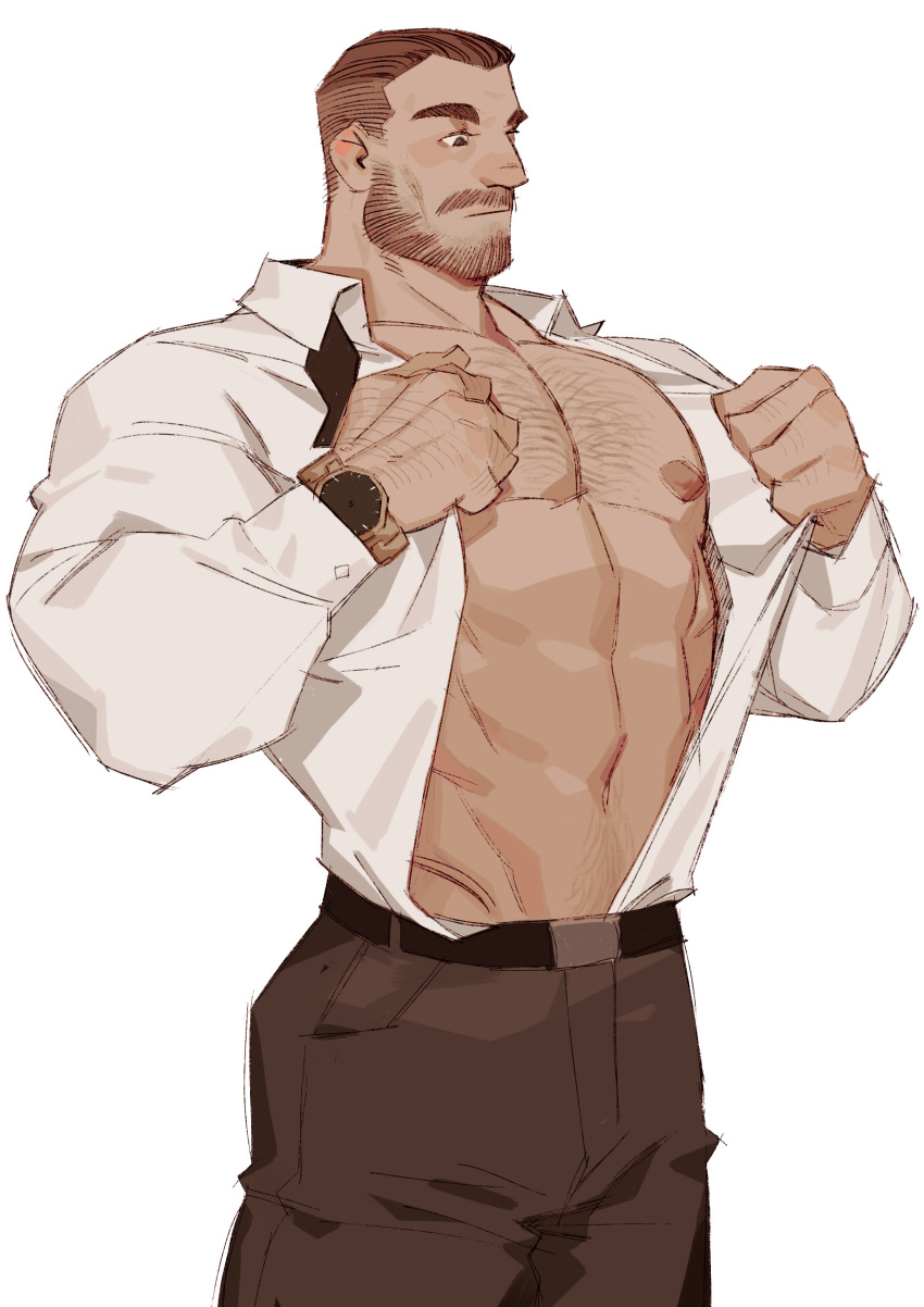 1boy abs absurdres bara bare_pectorals beard belt brown_hair brown_pants chest_hair collared_shirt cowboy_shot facial_hair groin highres horikwawataru large_pectorals male_focus mature_male muscular muscular_male navel navel_hair nipples obliques open_clothes open_shirt original pants pectorals salaryman shirt short_hair solo stomach undercut watch white_shirt wristwatch