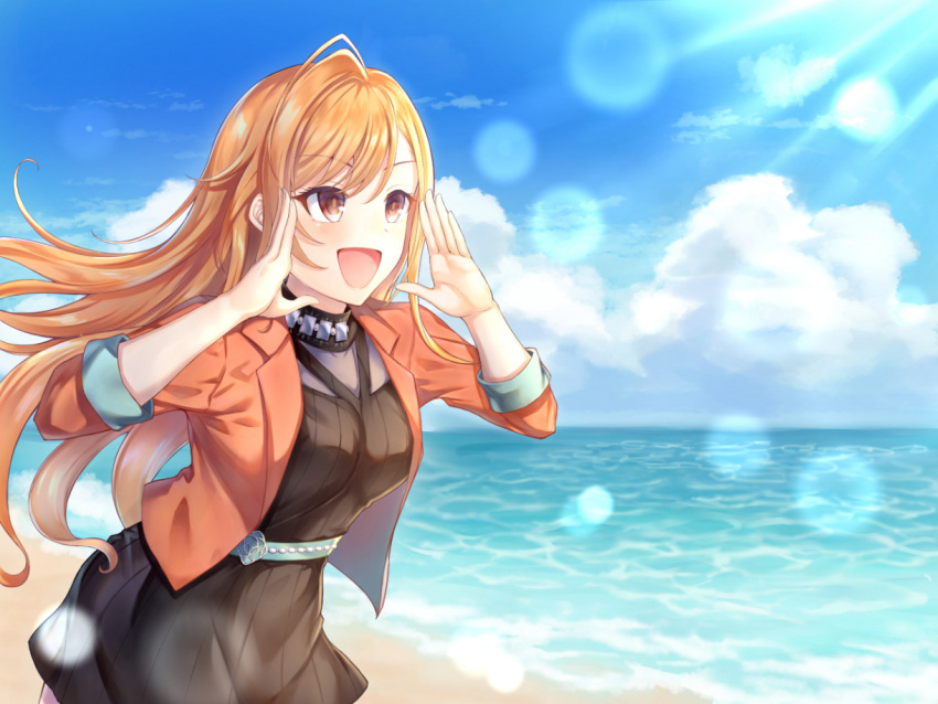 :d antenna_hair arisugawa_natsuha black_dress blue_sky blush brown_eyes cloud collarbone dress female halterneck idolmaster idolmaster_shiny_colors jacket long_hair ocean open_clothes open_jacket open_mouth orange_hair outdoors ponntatta red_jacket ribbed_dress short_sleeves sky smile solo sunlight water