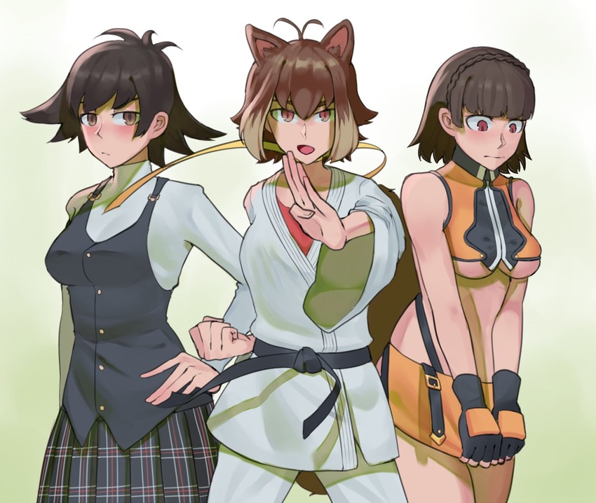 3girls animal_ears bad_id bad_twitter_id black_hair blazblue blush braid breasts brown_eyes brown_hair commentary cosplay costume_switch crown_braid dougi hand_on_own_hip inactive_account karate_gi looking_at_viewer makoto_(street_fighter) makoto_(street_fighter)_(cosplay) makoto_nanaya makoto_nanaya_(cosplay) medium_breasts multiple_girls name_connection niijima_makoto niijima_makoto_(cosplay) persona persona_5 plaid plaid_skirt red_eyes short_hair skirt squirrel_ears squirrel_girl street_fighter street_fighter_iii_(series) suwaiya underboob